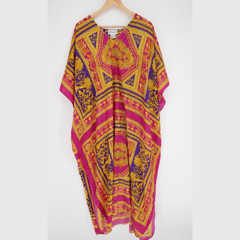Winlar Kaftan Dress Womens One Size Pink Floral Long Satin Polyester V-Neck